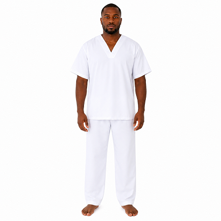 Conjunto Bata e Calça Oxford Branco Masculino para Umbanda, Candomblé e Quimbanda