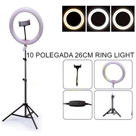 Ring Light Tripé Iluminador Led Portátil 26cm + Tripé 210cm