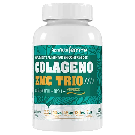Colágeno ZMC Trio Verisol Tipo 1 + Tipo 2 + Zinco + Magnésio + Vitamina C 1270mg 120 cápsulas Apisnutri