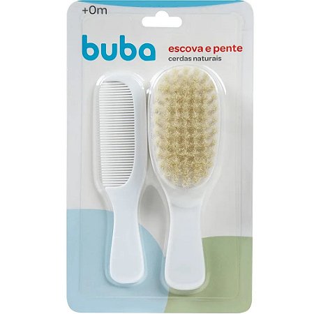 Kit Infantil Escova E Pente Branco Cerdas Naturais Buba