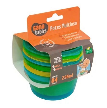 Potes Multiuso Papinha Alimentos Sana Babies Kit com 4 Unidades Cores Menino