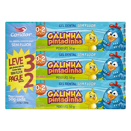 Gel Dental Galinha Pintadinha Sem Flúor Condor 50g Kit com 3