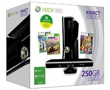 Xbox 360 250gb Com Kinect 3 Jogos E 1 Mês De Live Gold