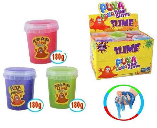 Kit com  3 Potes de Slime Glitter Puxa Puxa Massinha Geleia Original 180 Gr