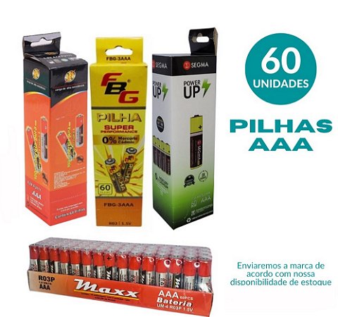 Pilha AAA Palito pacote com 60 Unidades  várias marcas
