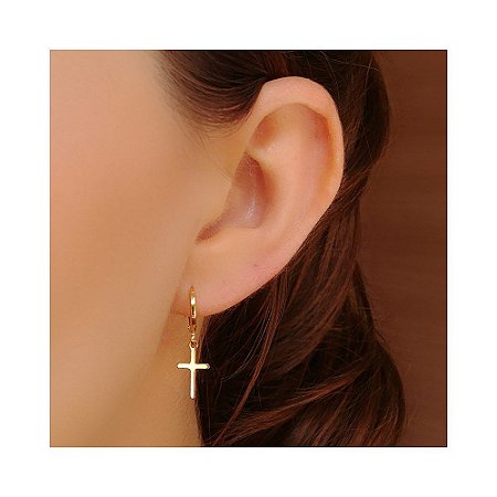 BRINCO ARGOLA CLICK E CRUZ NO OURO