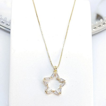 CHOKER COM ESTRELA DE ZIRCÔNIA BAGUETE OURO
