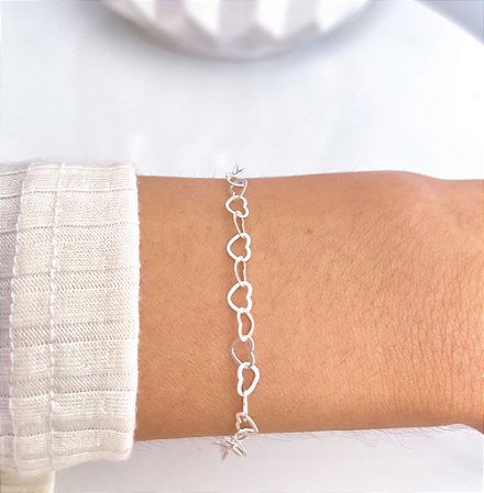 Pulseira elos corações vazado prata 925