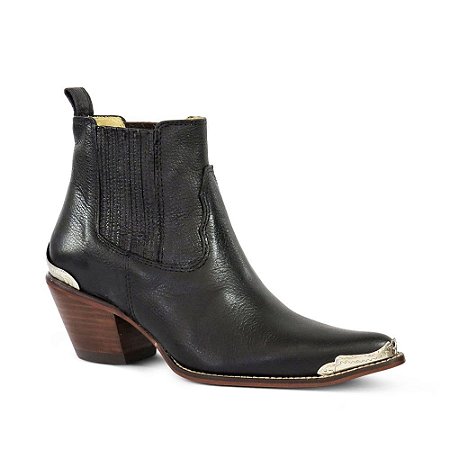 Botina Feminina Couro Floater Preto c/ biq Prata - Silverado Botas
