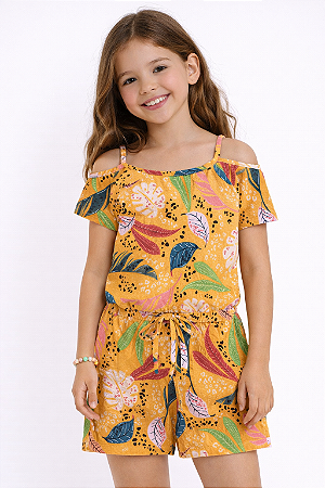 Macaquinho Infantil/Juvenil Menina Folhas Amarelo - Alakazoo