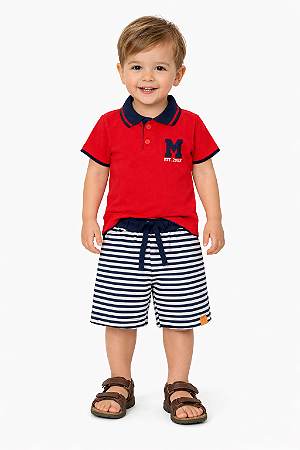 Conjunto Infantil Masculino Polo Com Bermuda Coral/Marinho