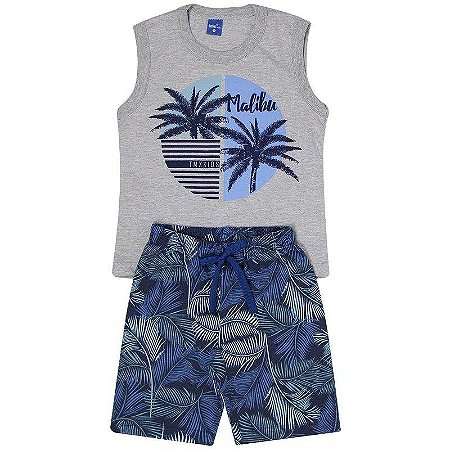 Conjunto Infantil Masculino Camiseta Malibu Mescla e Bermuda Azul Tmx