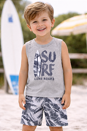 Conjunto Infantil Masculino Camiseta Surf Mescla e Bermuda Chumbo