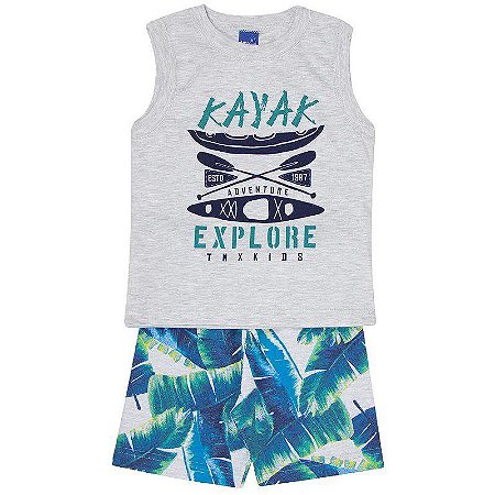 Conjunto Infantil Masculino Regata Machão Mescla Kayak e Bermuda Azul