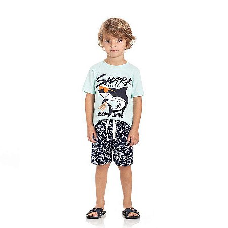 Conjunto Primeiros Passos Masculino Camiseta Meia Malha - Bermuda Tactel Shark TMX