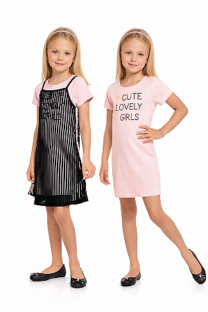 Conjunto Infantil Cata-Vento Vestido Com Sobreposição Rosa E Preto