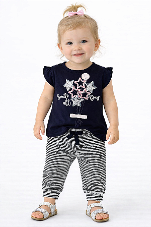 Conjunto Brandili Mundi Curto Infantil Estrela Azul-Marinho/Rosa