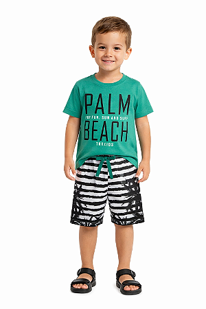 Conjunto Infantil Masculino Camiseta Verde e Bermuda Preto Coqueiro