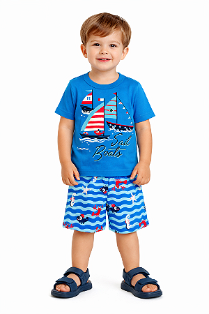 Conjunto Infantil Masculino Marisol Play Camiseta e Bermuda Estampa Náutica