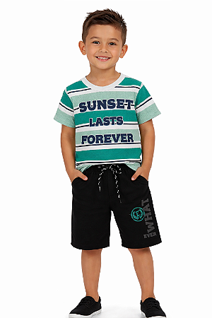 Conjunto Infantil Masculino Camiseta Listrada + Bermuda Moletinho