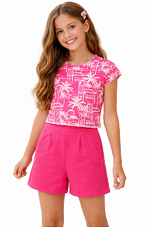 Conjunto Infantil Feminino Nanai – Blusa Estampada e Shorts Rosa
