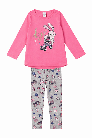 Conjunto Infantil Feminino Malwee Kids Meia Estação – Blusa Rosa + Legging Estampada