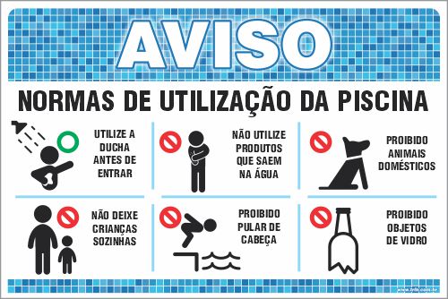 Placa de Aviso de Piscina normas de utilização da piscina não deixe crianças sozinhas