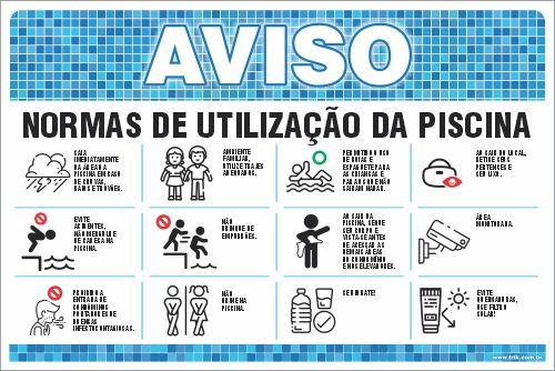 Placa de Aviso de Piscina normas de utilização da piscina saia  imediatamente  da área da  piscina em caso  de chuvas,  raios e trovões