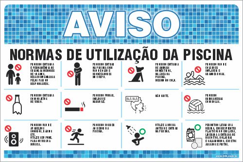 Placa de Aviso de Piscina normas de utilização da piscina saia  imediatamente  da área da  piscina em caso  de chuvas,  raios e trovões