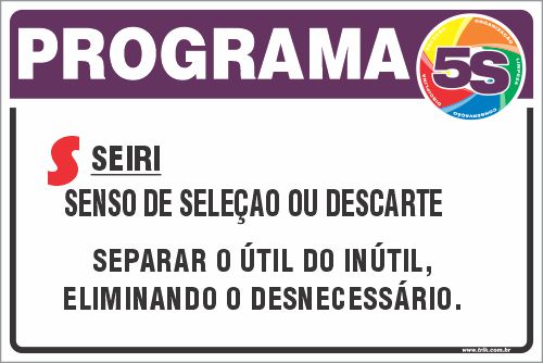 Placa de programa 5s seiri senso de seleçao ou descarte separar o útil do inútil,  eliminando o desnecessário.