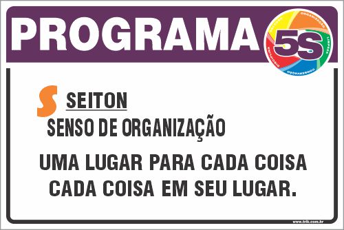Placa de programa 5s seiton senso de organização uma lugar para cada coisa cada coisa em seu lugar.