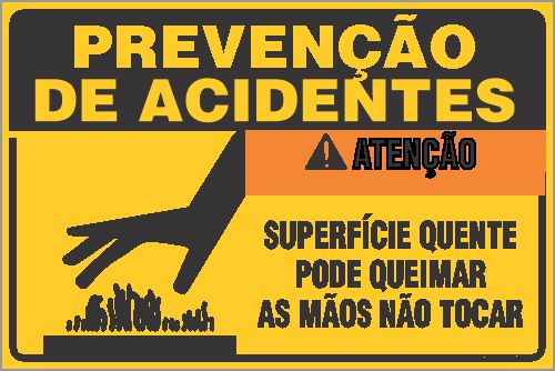 Placa de prevenção de acidente  superfície quente pode queimar  as mãos não tocar