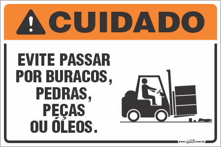 Placa de cuidado evite passar por buracos, pedras, peças ou óleos.