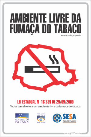 Placa de leis Paraná livre de fumaça do tabaco lei estadual n 16239 de 29/09/2009