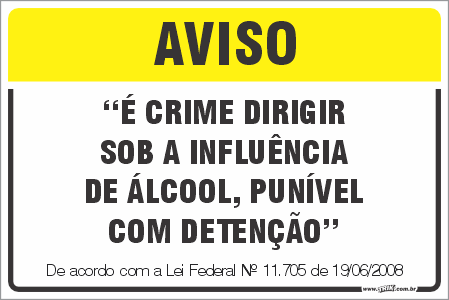 Placa de leis aviso é crime dirigir sob a influência de álcool, punível com detenção