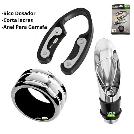 Vinho Kit Vinho 3 peças - Dosador - Corta Lacres - Anel de Garrafa