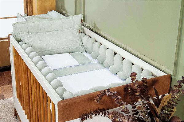 Kit Berço Bebê Trança Linho Verde 6 Pçs Protetor Batistela