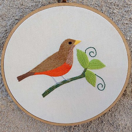 Sabiá-laranjeira - Bordado a Mão em Bastidor - Pássaros Caparaó