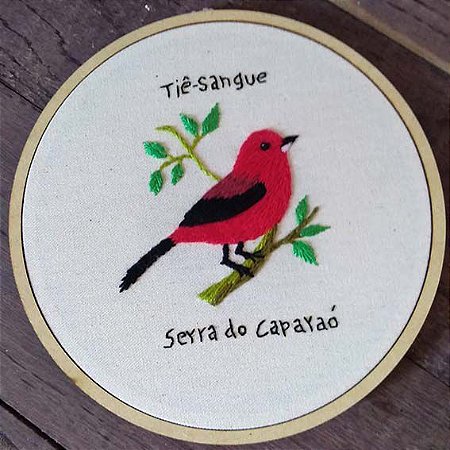 Tiê-sangue 2 - Bordado a Mão em Bastidor - Pássaros Caparaó