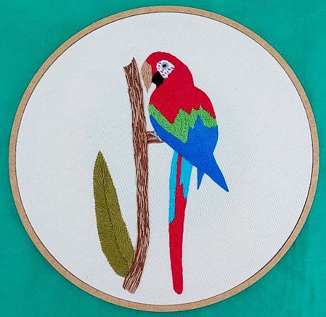Arara-vermelha - Bordado a Mão em Bastidor - Pássaros Caparaó