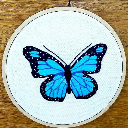 Borboleta-azul - Bordado a Mão em Bastidor - Pássaros Caparaó