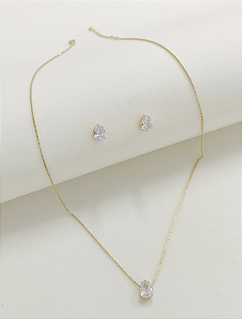 Conjunto gota cristal ouro18k