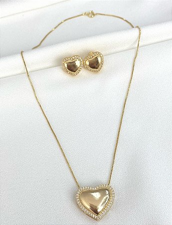 Conjunto coração liso & cravejado