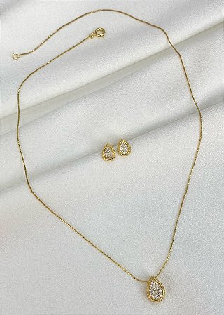 Conjunto gota trabalhada cravejada
