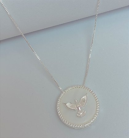 Colar medalha Espírito Santo madre pérola