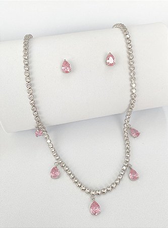 Conjunto riviera gota rosa fecho joia