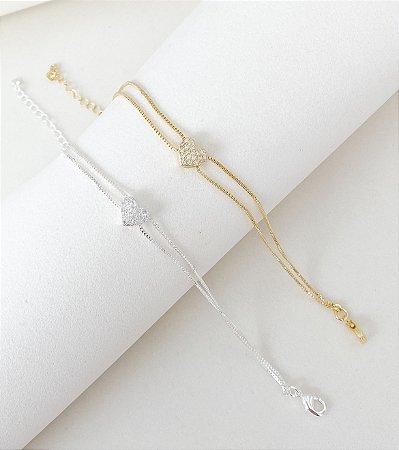 Pulseira dupla coração cravejado