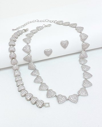 Conjunto joalheria ródio branco coração