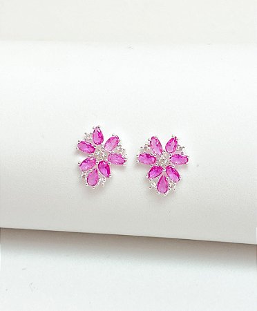 Brinco flor zirconia pink