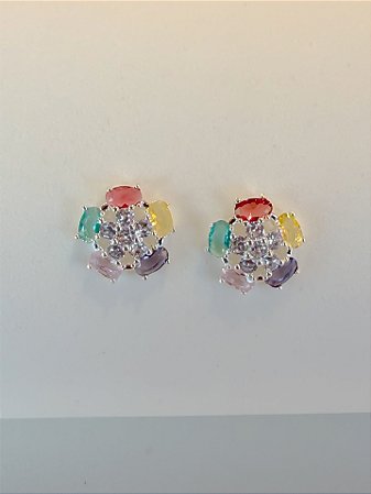 Brinco flor pedraria colorido